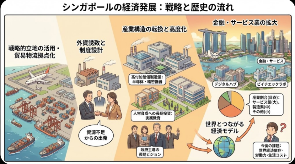 シンガポールが発展した理由が分かる経済成長戦略と転換点の歴史・産業の特徴を解説